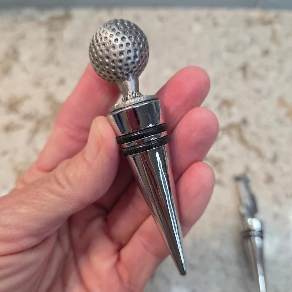 Vintage Golf Wine Bottle Stoppers Set 3 Pewter Tone Golf Ball Bag Sports Decor